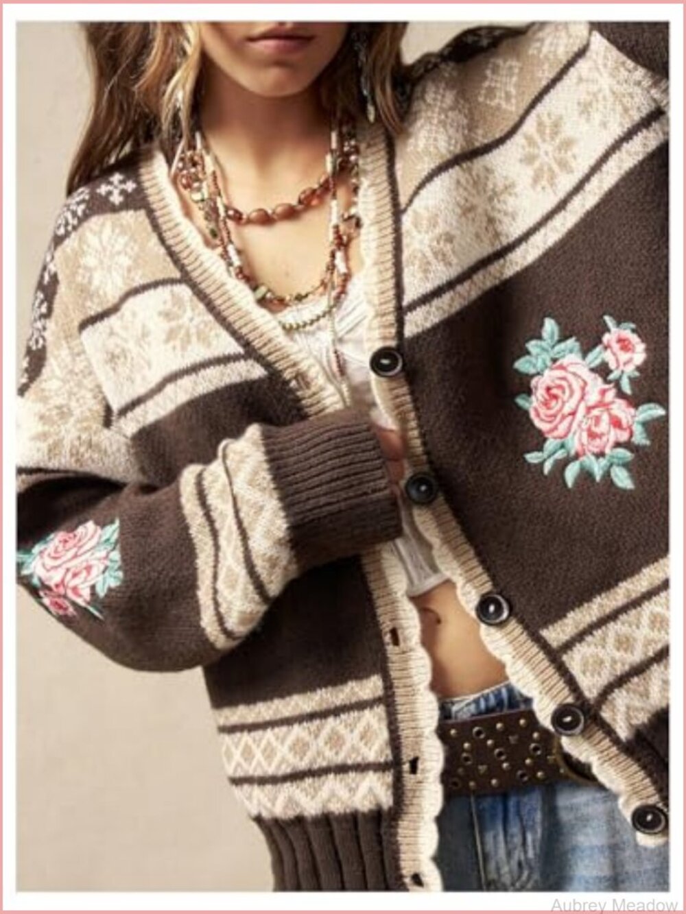 Vintage Floral Fair Isle Cardigan Button Up Oversized Winter Sweater - Picture 2 of 5